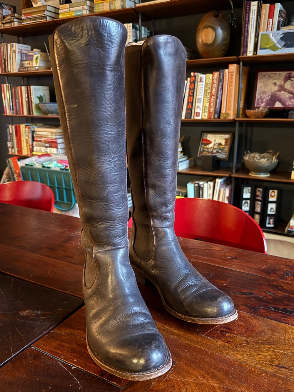 Perfect Patina Women's Frye Tall Leather Riding Boots in a Rich, Dark Brown